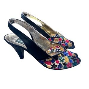 Dominique Vintage Italian Embroidered Floral Mesh Peep Toe Slingback Heels 38